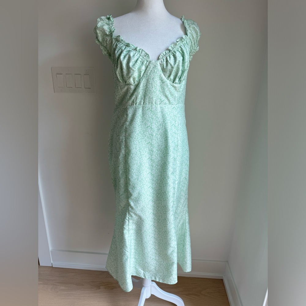 Sage Green Midi Dress with Ruffled Sweetheart Neckline